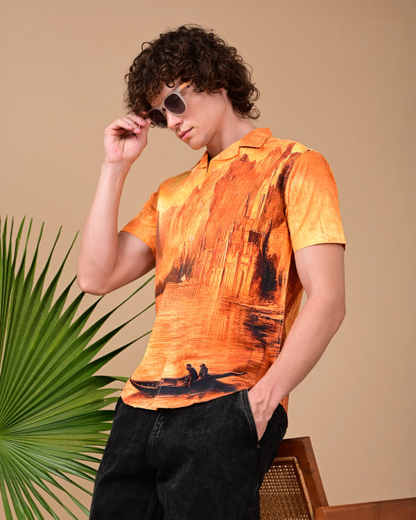 Boat Printed Shirts - Yellow & Brown
